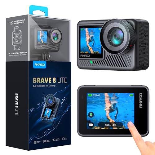 AKASO Brave 8 Lite Cámara Deportiva 4K 60FPS WiFi 20MP Cámara de Acción con Pantalla Táctil Estabilización SuperSmooth Cámara Acuatica Sumergible 60M 4X Zoom Baterías 2x1550mAh