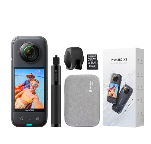 Insta360 X3 Kit Profesional de cámara de acción de 360 Grados Incluye: Palo Selfie Invisible Serie X Funda de Transporte + Tapa de Lente + 64 GB