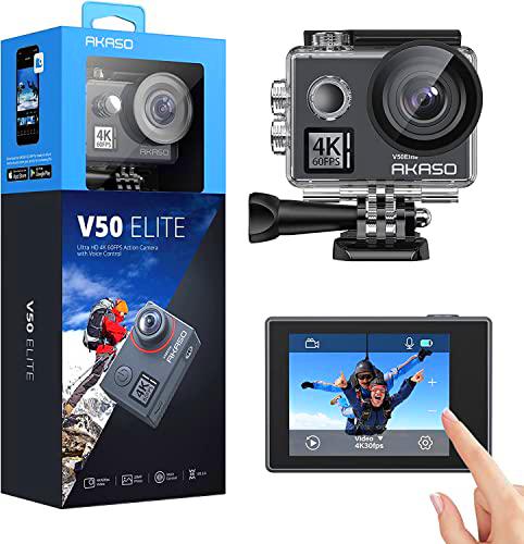 AKASO V50 Elite 4K 60fps Pantalla táctil WiFi Cámara de acción Control de Voz EIS 40m Cámara subacuática Impermeable Ángulo de visión Ajustable Zoom 8X Control Remoto Cámara Deportiva con Kit de