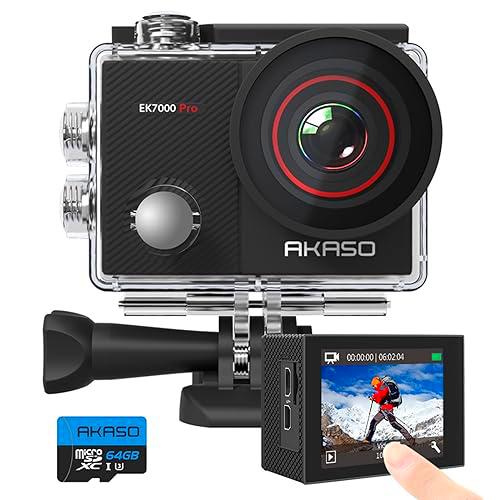 AKASO EK7000 Pro Cámara Deportiva 4K con Tarjeta de Memoria microSDXC de 64 GB Cámara de Acción 20MP WiFi Cámara Sumergible Acuática 40M con EIS Control Remoto Multi Accesorios